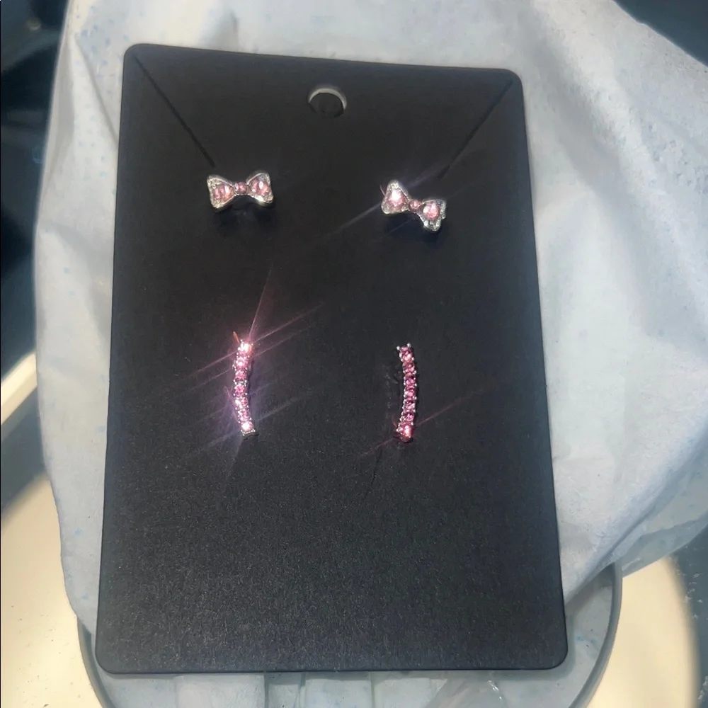 Pink Bow and Bar Earrings Sets- sparkly. 2 small pairs. New